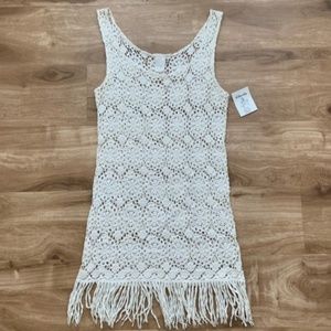 Vintage White 1970s Mod Crochet Fringe Mini Dress